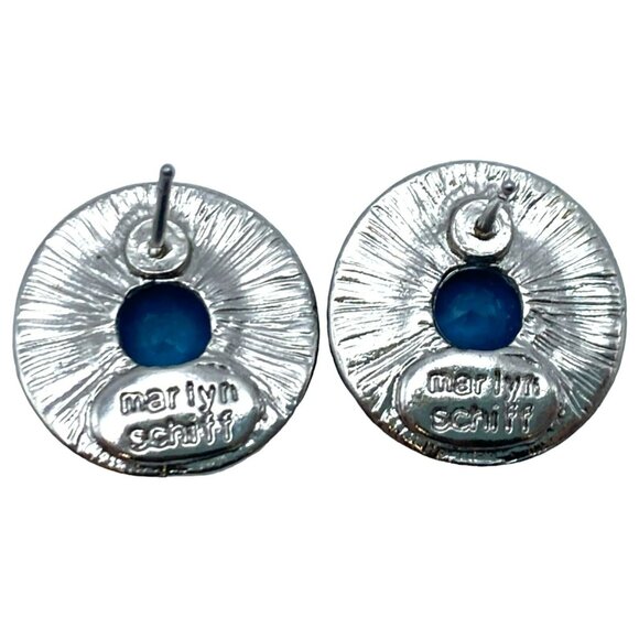 Marlyn Schiff Earrings Rhinestone Pierced Sapphire Blue Color 16mm SIGNED - Picture 2 of 4